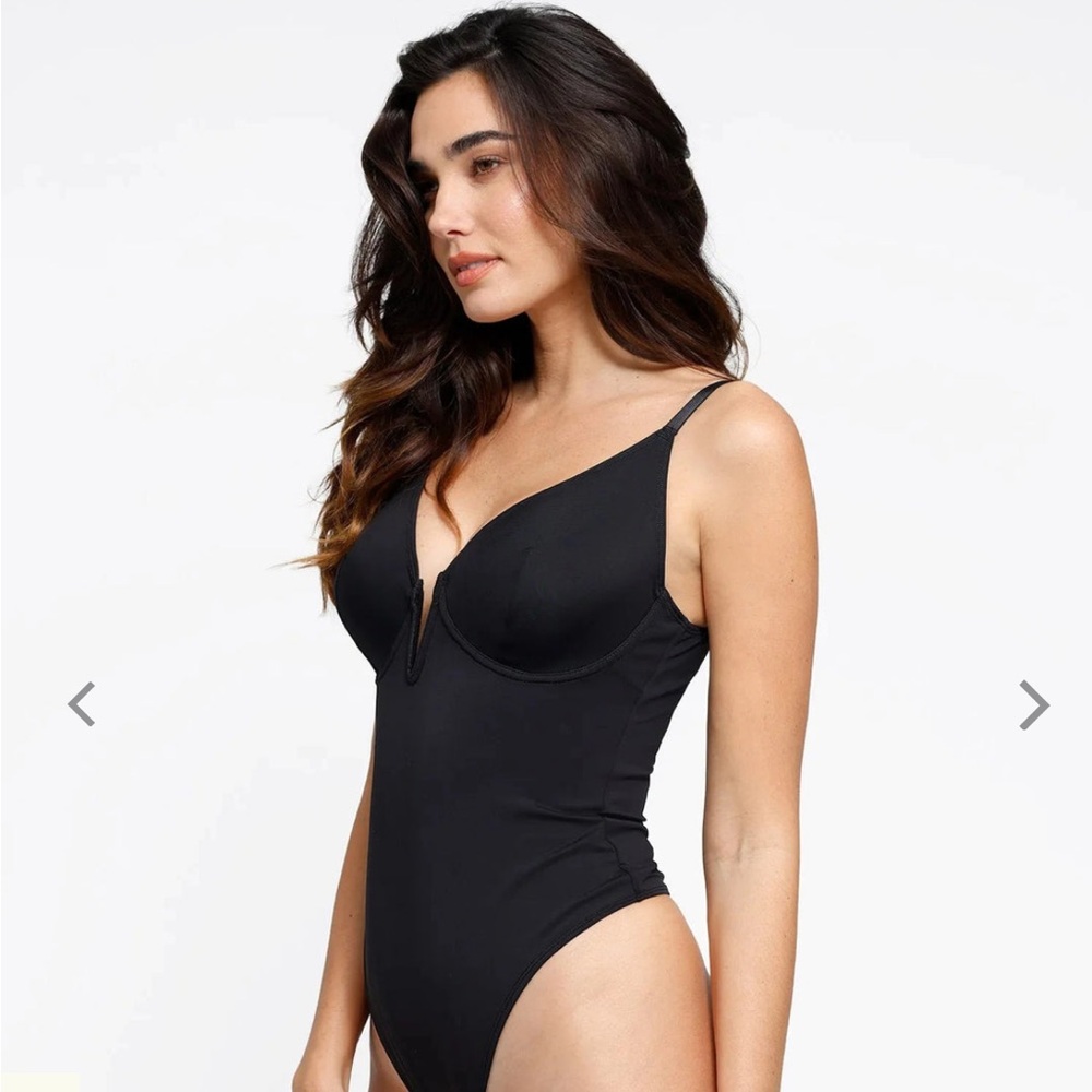 Popilush Deep-V Neck Low-Back Shapewear Thong Bodysuit black large